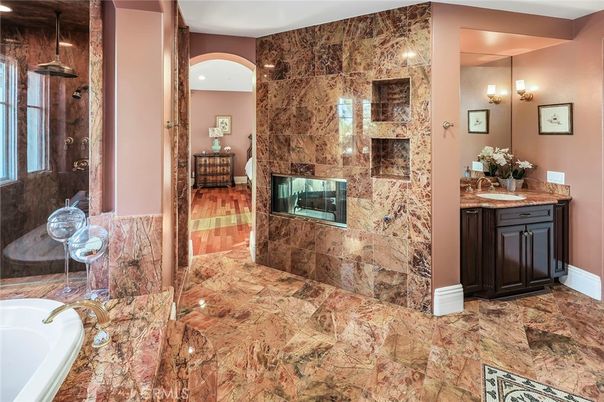 Bathroom, Fireplace, Interior, Recessed Lighting, Stone Walls