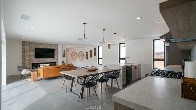 Dining room, Fireplace, Interior, Kitchen, Living room, Pendant Lights, Recessed Lighting, Stone Walls