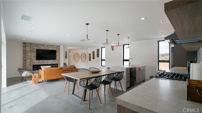 Dining room, Fireplace, Interior, Kitchen, Living room, Pendant Lights, Recessed Lighting, Stone Walls
