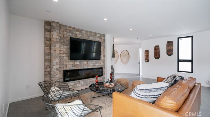 Fireplace, Interior, Living room, Recessed Lighting, Stone Walls