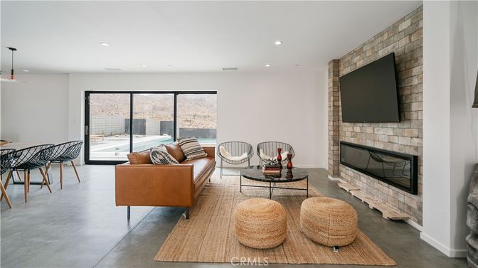 Fireplace, Interior, Living room, Recessed Lighting, Stone Walls