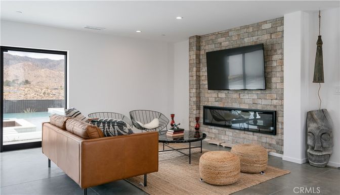 Fireplace, Interior, Living room, Recessed Lighting, Stone Walls
