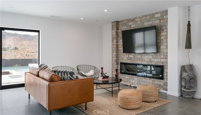 Fireplace, Interior, Living room, Recessed Lighting, Stone Walls