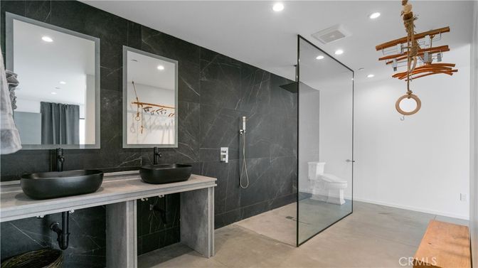 Bathroom, Dual Sink Vanities, Glass Shower, Interior, Marble Walls, Recessed Lighting