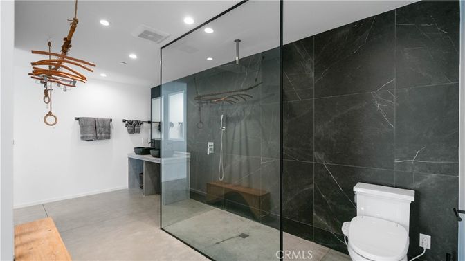 Bathroom, Glass Shower, Interior, Marble Walls, Recessed Lighting