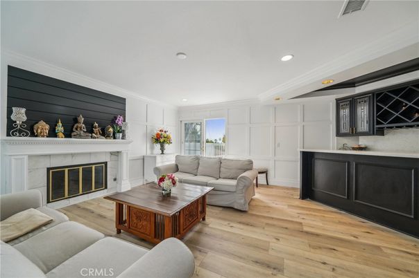Fireplace, Interior, Living room, Recessed Lighting, Wood Texture Flooring