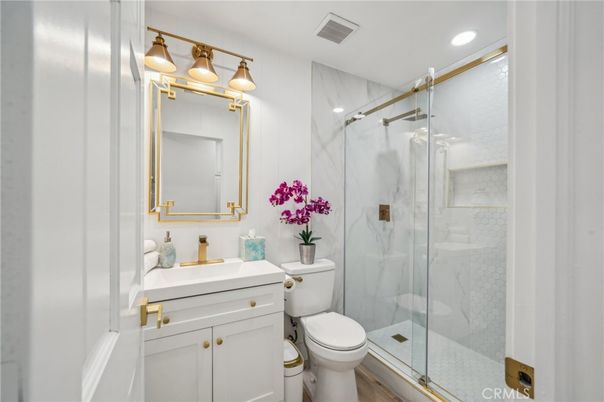 Bathroom, Glass Shower, Interior, Marble Walls, Recessed Lighting