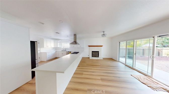 Fireplace, Interior, Kitchen, Pendant Lights, Wood Texture Flooring
