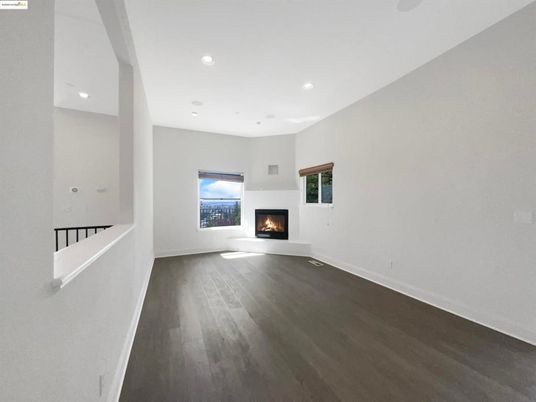Empty room, Fireplace, Interior, Recessed Lighting, Wood Texture Flooring