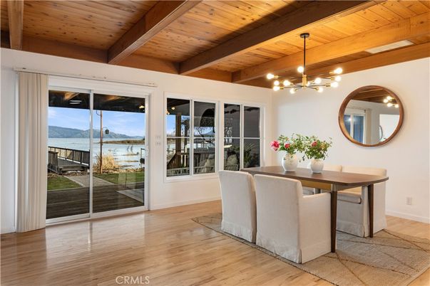 Dining room, Interior, Pendant Lights, Water, Wooden Beams, Wooden Ceilings, Wood Texture Flooring