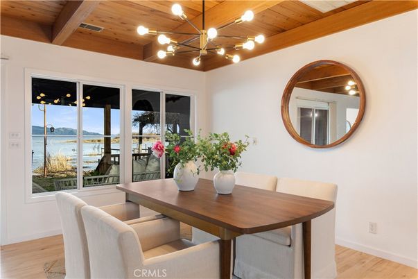 Dining room, Interior, Pendant Lights, Water, Wooden Beams, Wooden Ceilings, Wood Texture Flooring