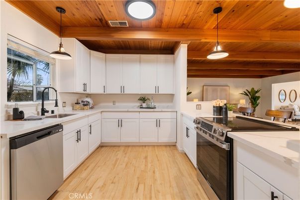 Interior, Kitchen, Pendant Lights, Stainless Steel Appliances, Wooden Ceilings, Wood Texture Flooring