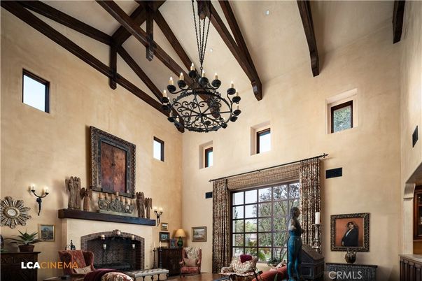 Chandelier, Fireplace, Interior, Wooden Beams