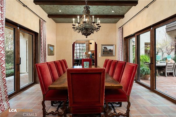 Chandelier, Dining room, Interior, Recessed Lighting, Wooden Beams