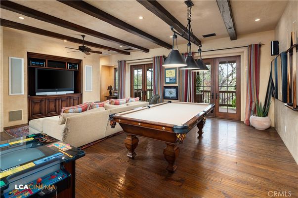 Billiard Table, Game Room, Interior, Living room, Pendant Lights, Recessed Lighting, Wooden Beams, Wood Texture Flooring