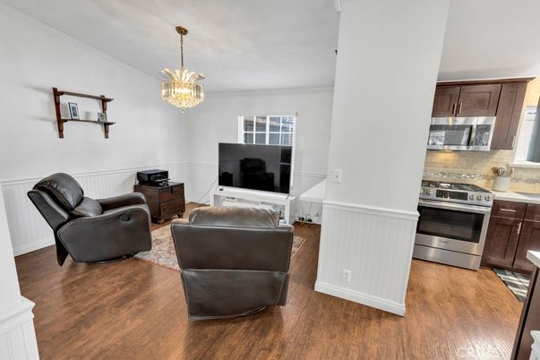 Chandelier, Interior, Kitchen, Living room, Stainless Steel Appliances, Wood Texture Flooring