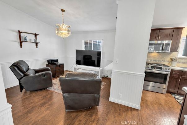 Chandelier, Interior, Kitchen, Living room, Stainless Steel Appliances, Wood Texture Flooring