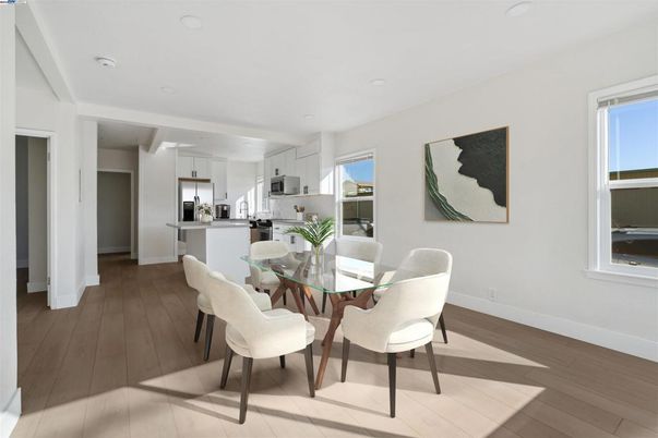 Dining room, Interior, Kitchen, Recessed Lighting, Stainless Steel Appliances, Wood Texture Flooring