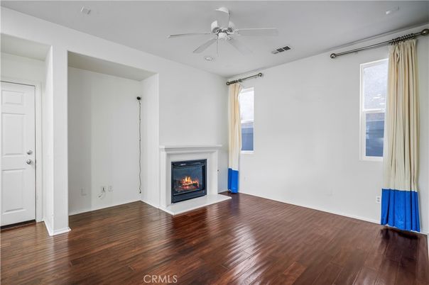 Empty room, Fireplace, Interior, Recessed Lighting, Wood Texture Flooring