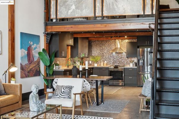 Fireplace, Interior, Kitchen, Living room, Pendant Lights, Stainless Steel Appliances, Stone Walls