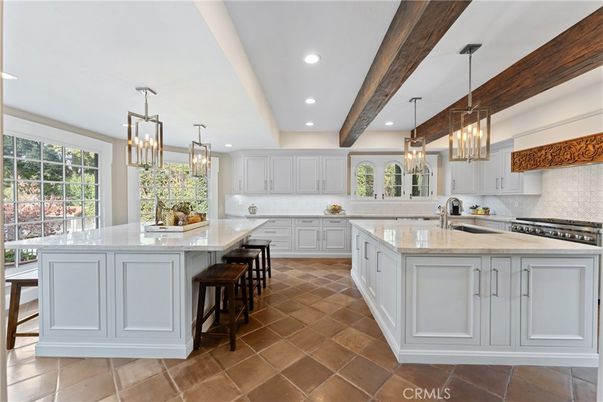 Chandelier, Interior, Kitchen, Pendant Lights, Recessed Lighting, Stainless Steel Appliances, Wooden Beams