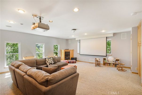 Fireplace, Interior, Living room, Projection Screen, Recessed Lighting, Theatre Room