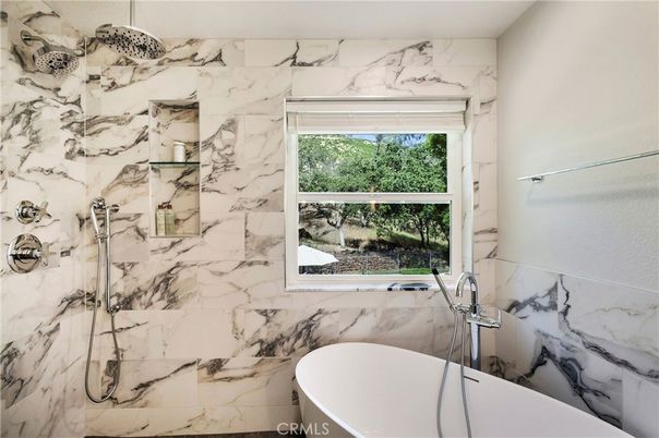 Bathroom, Free Standing Baths, Glass Shower, Interior, Marble Walls
