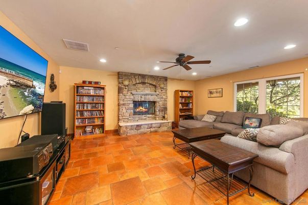 Fireplace, Interior, Living room, Recessed Lighting, Stone Walls