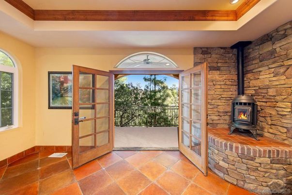 Fireplace, Interior, Recessed Lighting, Stone Walls