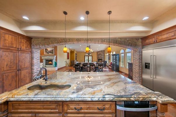 Dining room, Fireplace, Interior, Kitchen, Pendant Lights, Recessed Lighting, Stone Walls
