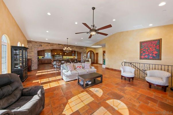 Chandelier, Dining room, Interior, Kitchen, Living room, Recessed Lighting, Stone Walls