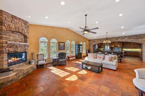 Chandelier, Fireplace, Interior, Kitchen, Living room, Recessed Lighting, Stone Walls