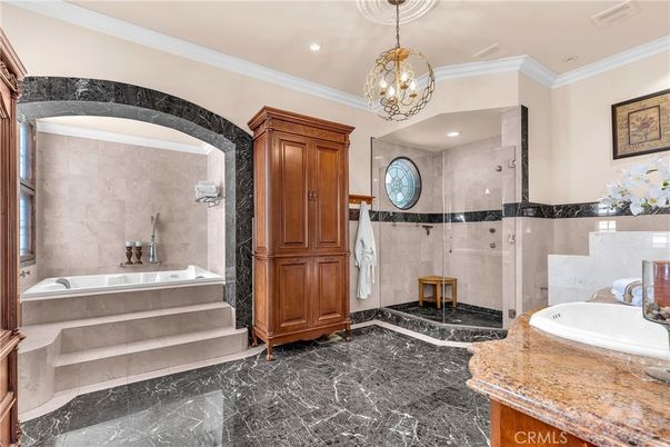 Bathroom, Dual Sink Vanities, Glass Shower, Interior, Marble, Pendant Lights, Recessed Lighting