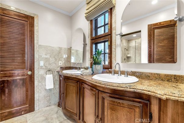 Bathroom, Dual Sink Vanities, Glass Shower, Interior, Marble, Recessed Lighting