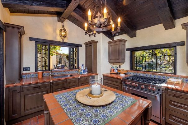 Chandelier, Interior, Kitchen, Pendant Lights, Stainless Steel Appliances, Tile Countertops, Wooden Beams, Wooden Ceilings
