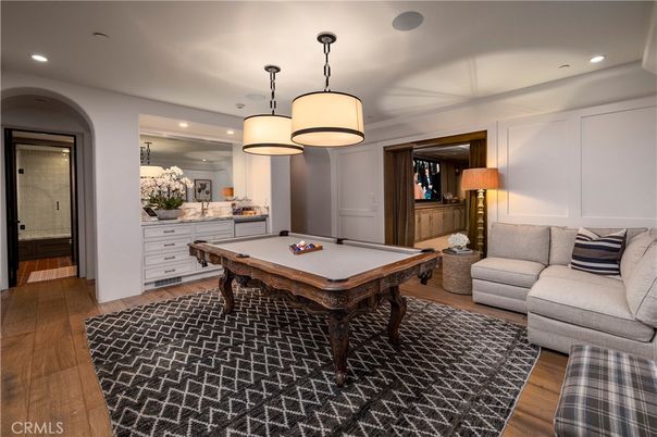 Billiard Table, Game Room, Interior, Pendant Lights, Recessed Lighting, Wood Texture Flooring