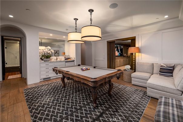 Billiard Table, Game Room, Interior, Pendant Lights, Recessed Lighting, Wood Texture Flooring