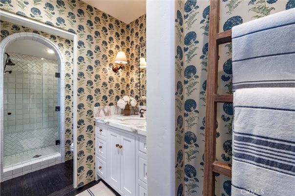 Bathroom, Glass Shower, Interior, Wood Texture Flooring