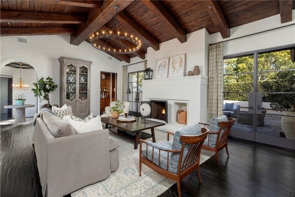Chandelier, Fireplace, Interior, Living room, Wooden Beams, Wooden Ceilings, Wood Texture Flooring