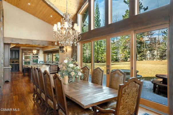 Chandelier, Dining room, Interior, Kitchen, Stainless Steel Appliances, Wooden Beams, Wooden Ceilings, Wood Texture Flooring