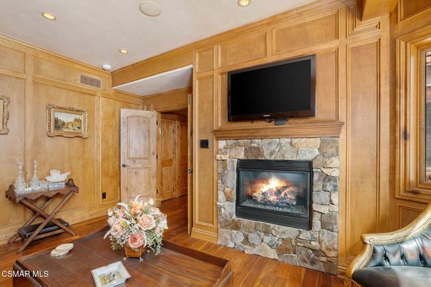 Fireplace, Interior, Recessed Lighting, Wood Texture Flooring, Wooden Walls