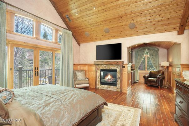 Bedroom, Fireplace, Interior, Recessed Lighting, Wooden Beams, Wooden Ceilings, Wood Texture Flooring
