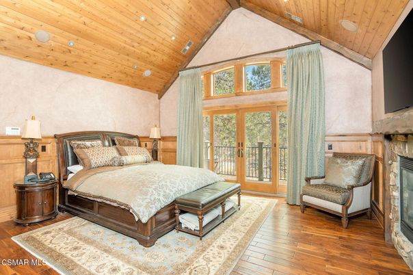 Bedroom, Fireplace, Interior, Recessed Lighting, Wooden Beams, Wooden Ceilings, Wood Texture Flooring