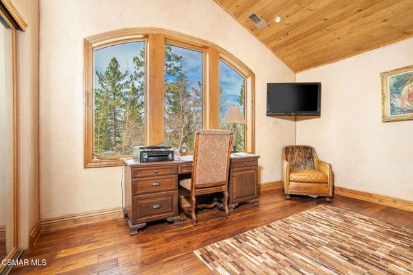 Home Office, Interior, Recessed Lighting, Wooden Ceilings, Wood Texture Flooring