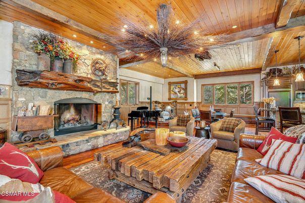 Fireplace, Interior, Living room, Piano, Recessed Lighting, Stone Walls, Wooden Beams, Wooden Ceilings