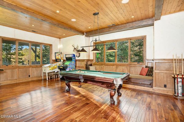 Billiard Table, Game Room, Interior, Pendant Lights, Recessed Lighting, Wooden Beams, Wooden Ceilings, Wood Texture Flooring