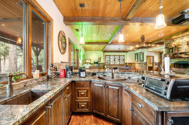 Interior, Kitchen, Pendant Lights, Recessed Lighting, Wooden Beams, Wooden Ceilings, Wood Texture Flooring
