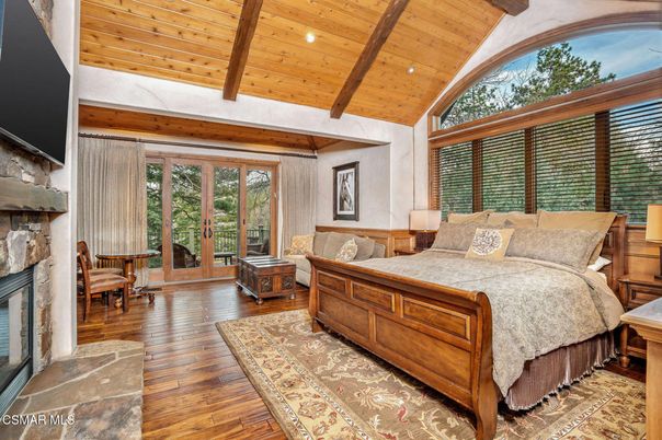 Bedroom, Fireplace, Interior, Recessed Lighting, Wooden Beams, Wooden Ceilings, Wood Texture Flooring