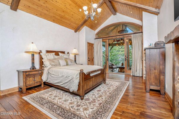 Bedroom, Chandelier, Interior, Wooden Beams, Wooden Ceilings, Wood Texture Flooring