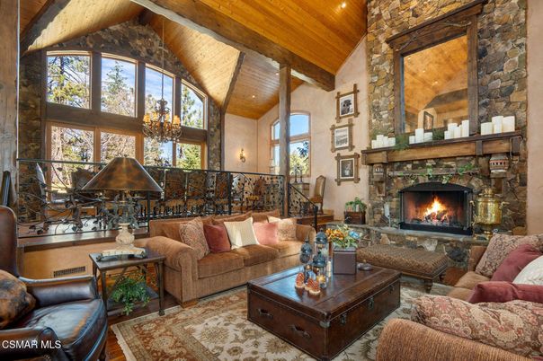 Chandelier, Fireplace, Interior, Living room, Stone Walls, Wooden Beams, Wooden Ceilings